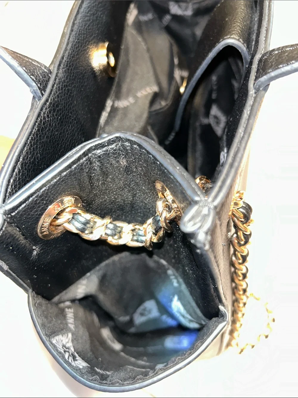 Anne Klein textured black leather look PVC satchel bag.